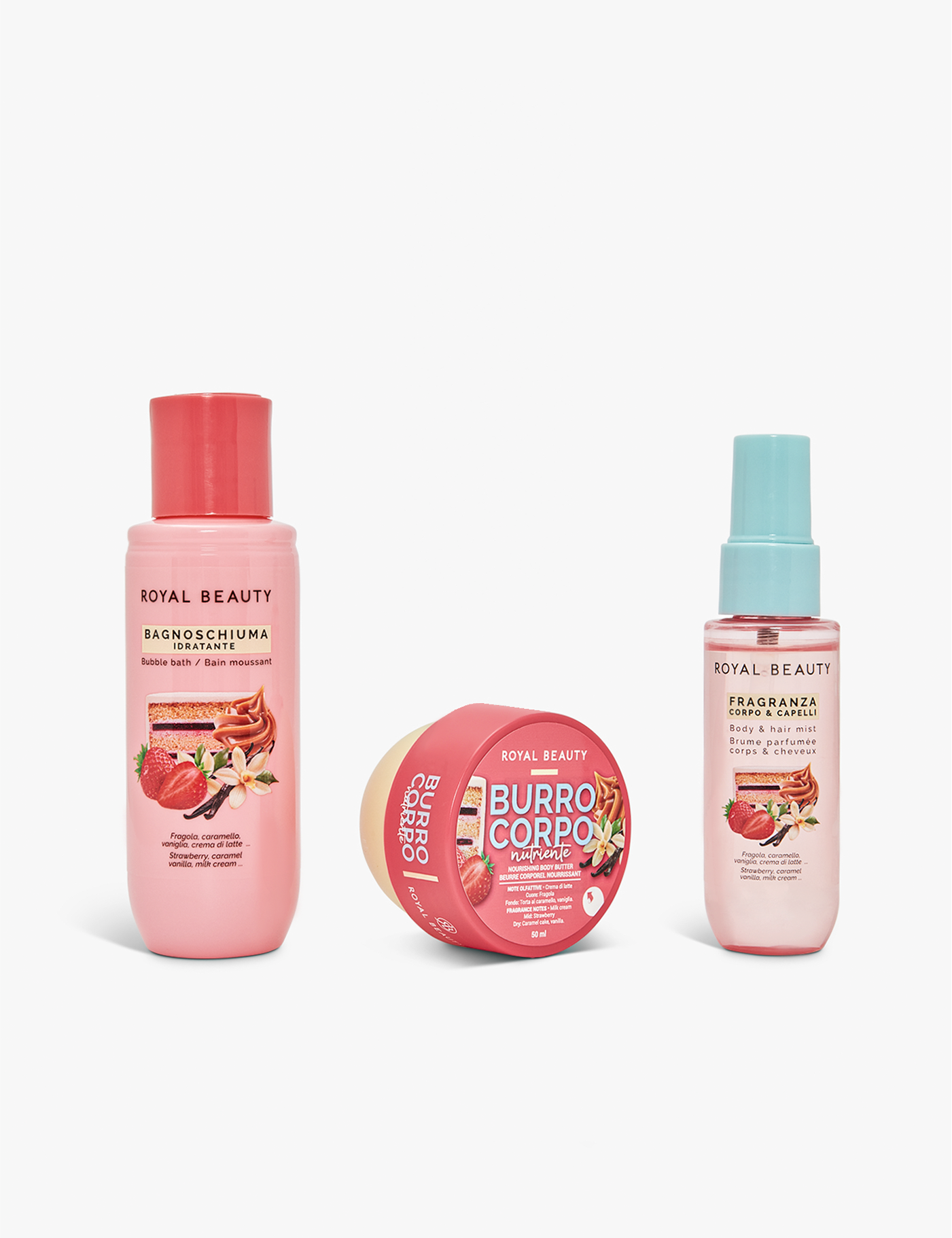 Travel Kit N°14 | Mini Body Care Cheesecake Fragola Gourmand - Creme Corpo Gourmand | ROYAL BEAUTY