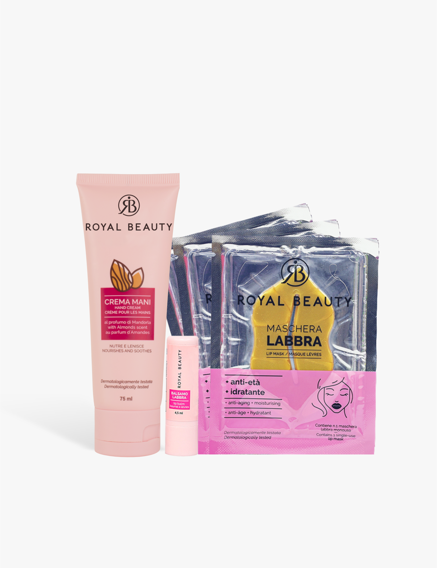 Kit Crema Mani, Balsamo Labbra e 3 Patches Labbra - Mandorla - Prodotti per la Cura del Corpo | ROYAL BEAUTY