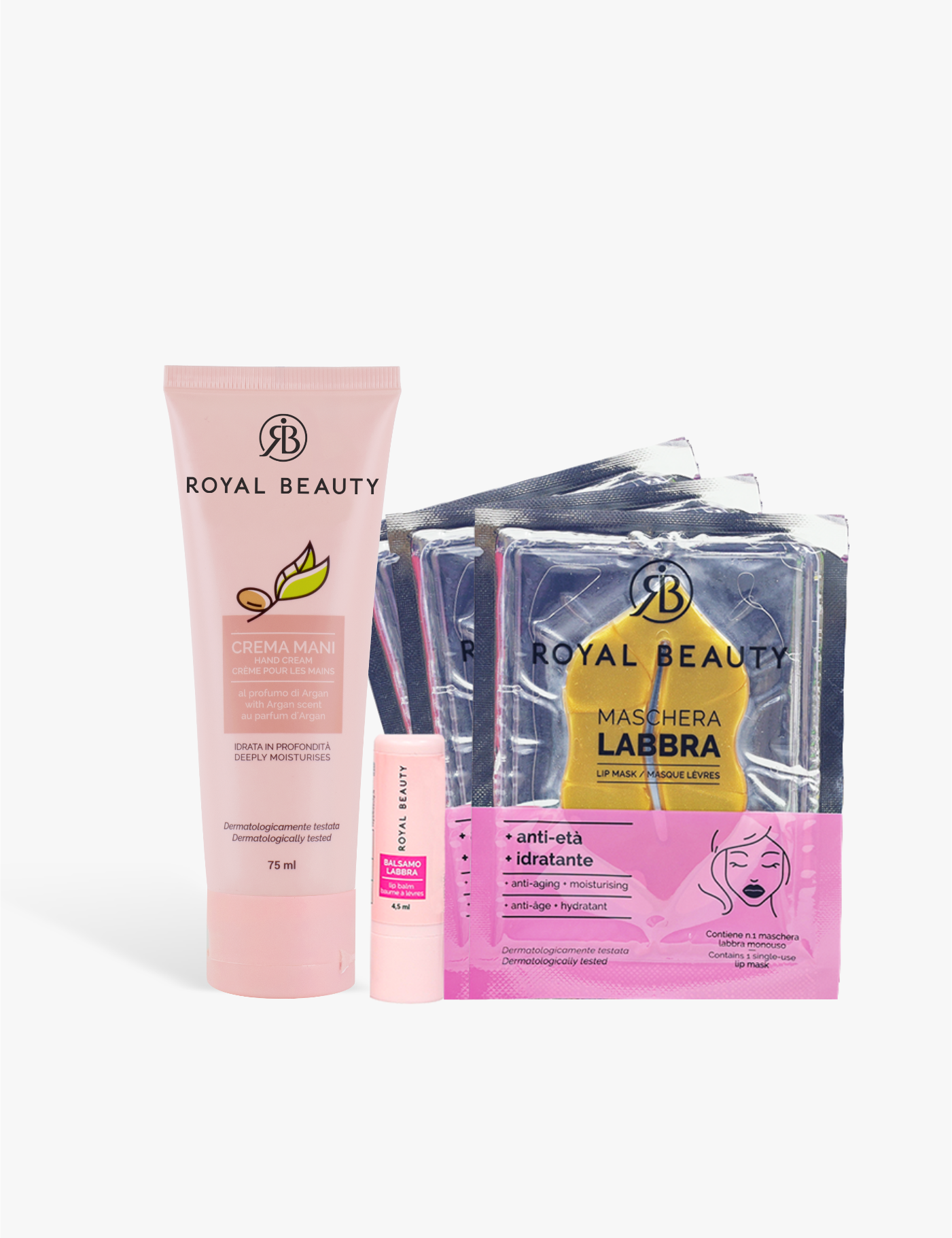 Kit Crema Mani, Balsamo Labbra e 3 Patches Labbra - Argan - Idee Regalo | ROYAL BEAUTY