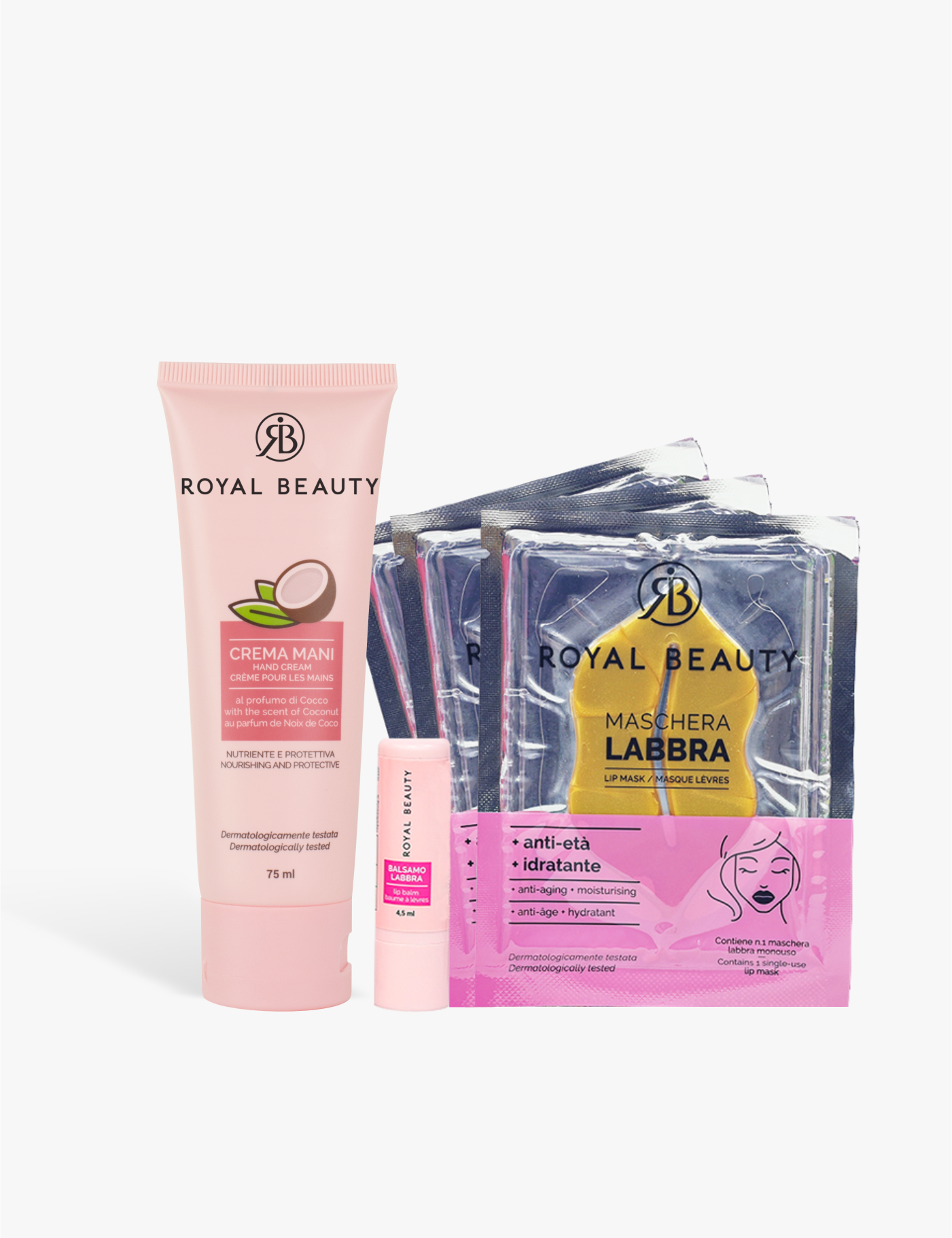 Kit crema mani, balsamo labbra e 3 patches labbra - cocco - Idee Regalo | ROYAL BEAUTY