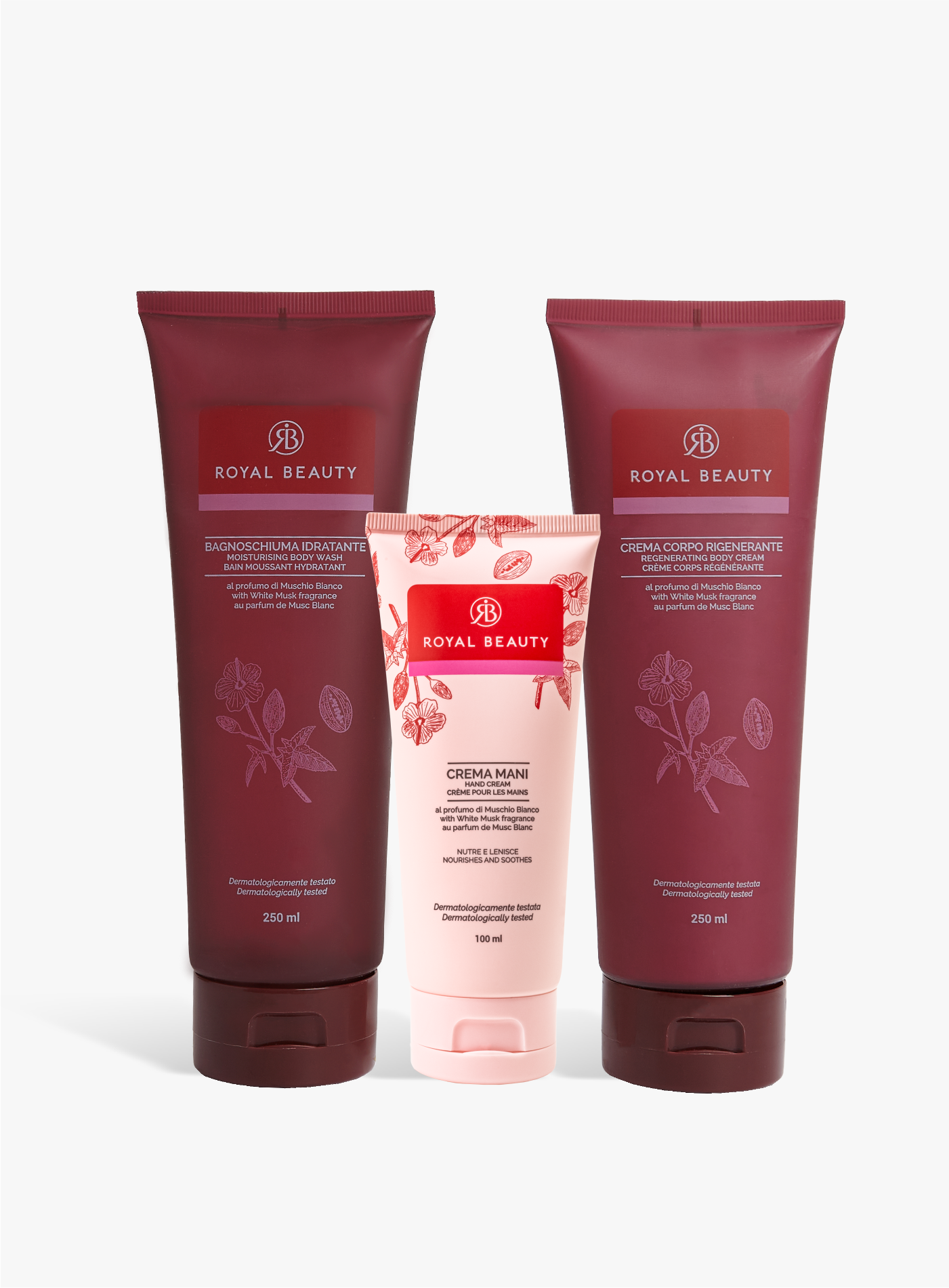 Geschenkset mit Schaumbad, Handcreme und Körpercreme - weißer Moschus | Königliche Schönheit