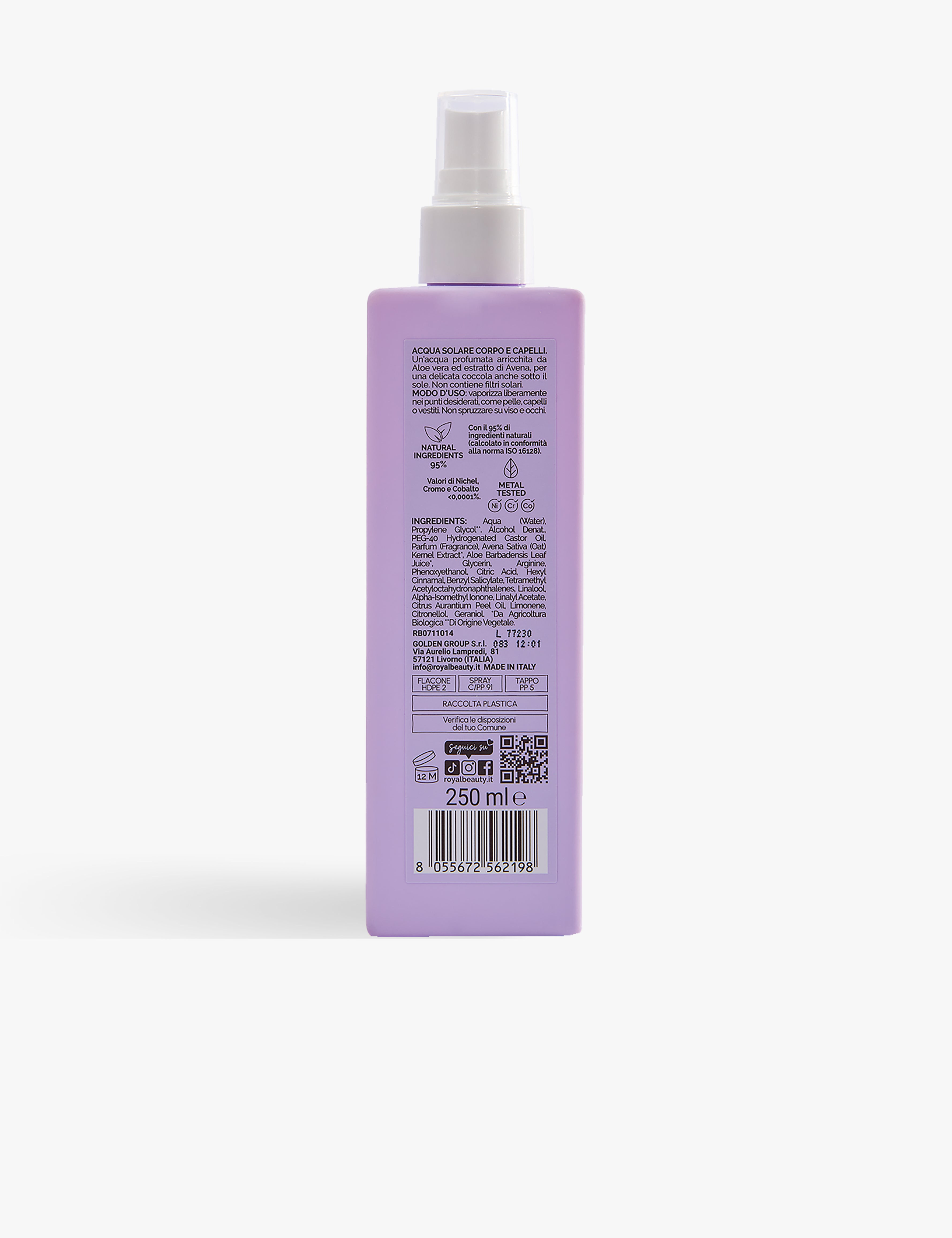 Acqua Solare Corpo e Capelli Aloe e Avena 250 ml | Spray Rinfrescante - Solari e Autoabbronzanti | ROYAL BEAUTY