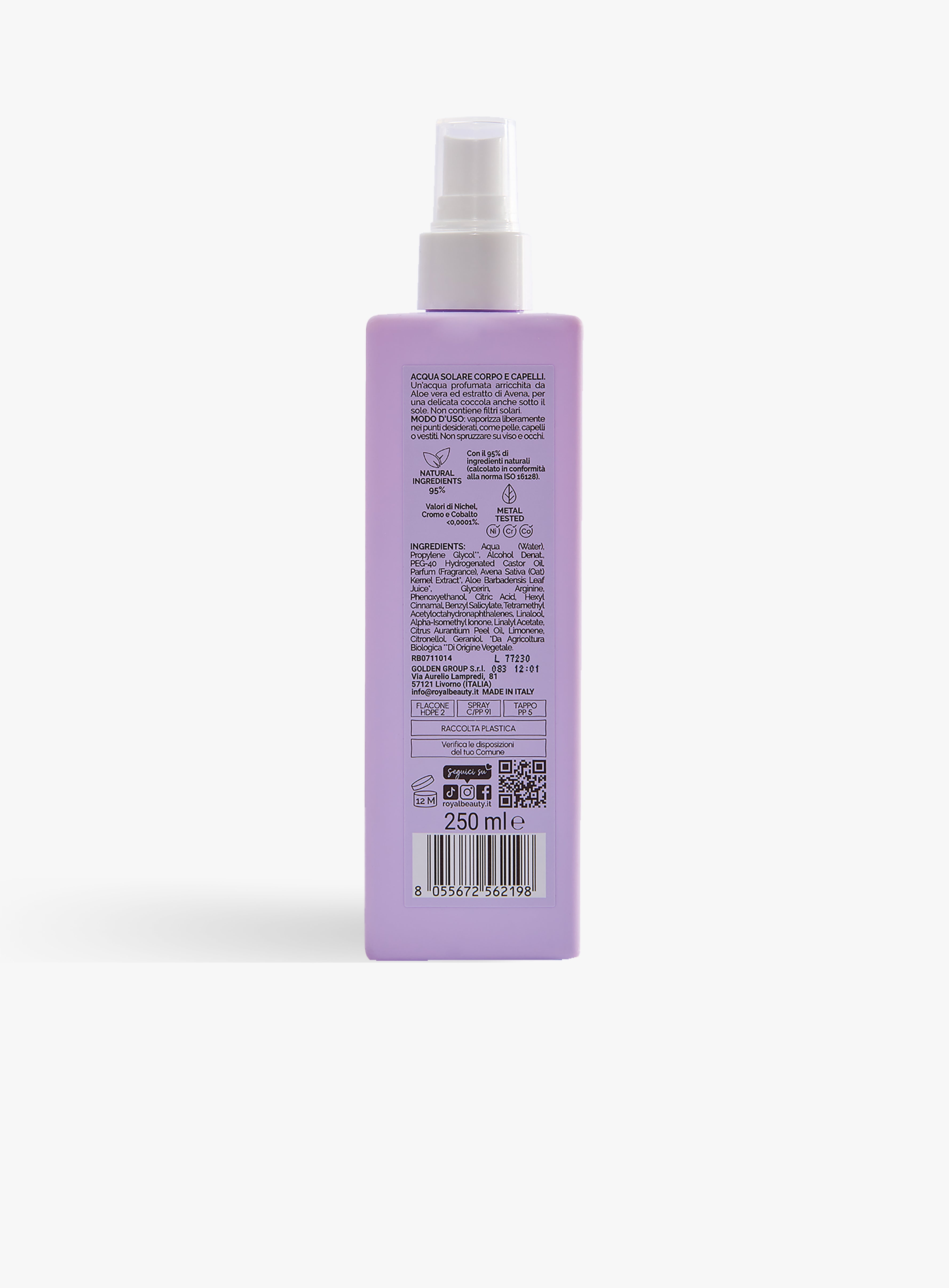Acqua Solare Corpo e Capelli Aloe e Avena 250 ml | Spray Rinfrescante | Königliche Schönheit