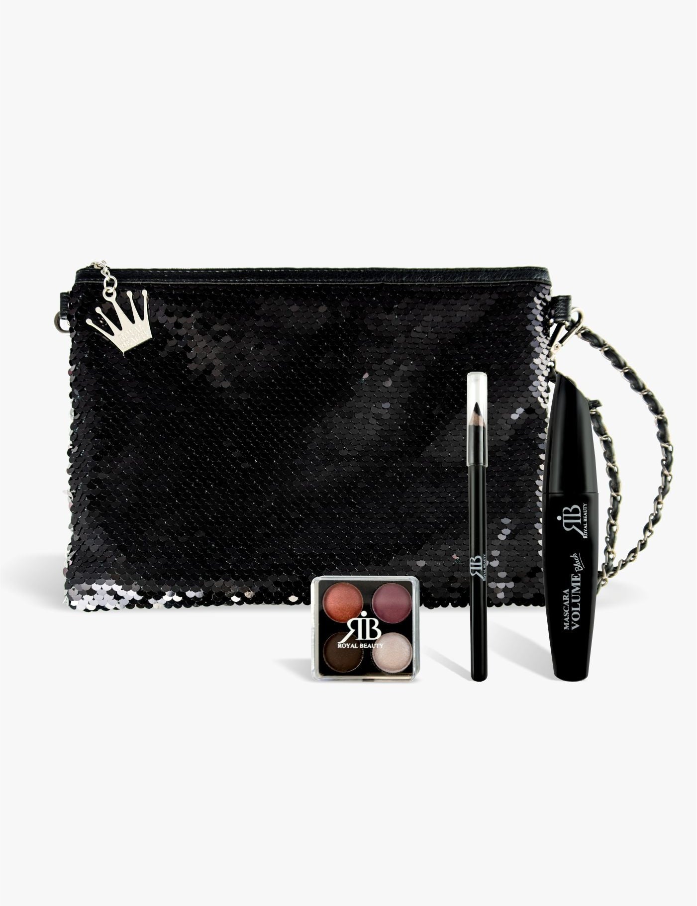 Pochette pailletes Chiara con mascara, matita e ombretti - Trousse e Pochette | Royal Beauty